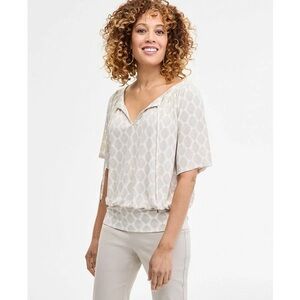 JM Collection Ivory Geometric Blouse Office Wear Split Neck - Size L